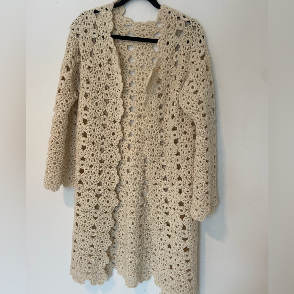 Incredible Handmade Cream Crochet Open Jacket